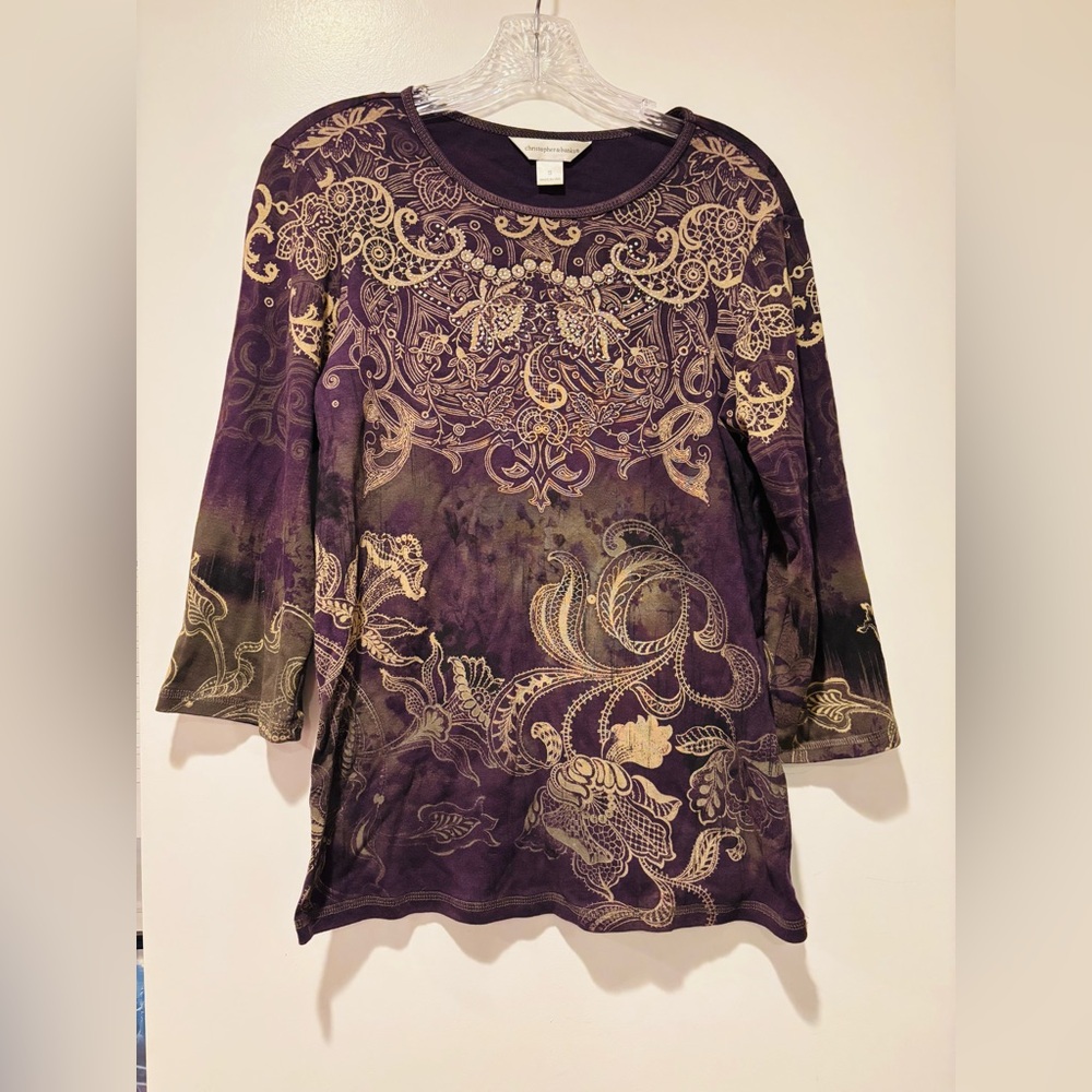 CHRISTOPHER&BANKS Purple and Gold Long Sleeve Top, Size Small